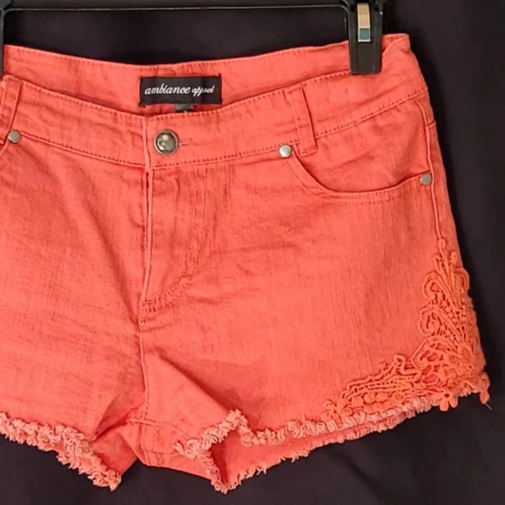 Coral Denim Shorts w Floral Embellishment on Hips